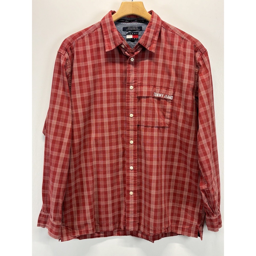 Vtg Men's Tommy Hilfiger Jeans Button Up Shirt Sz Large Spellout READ Y2K